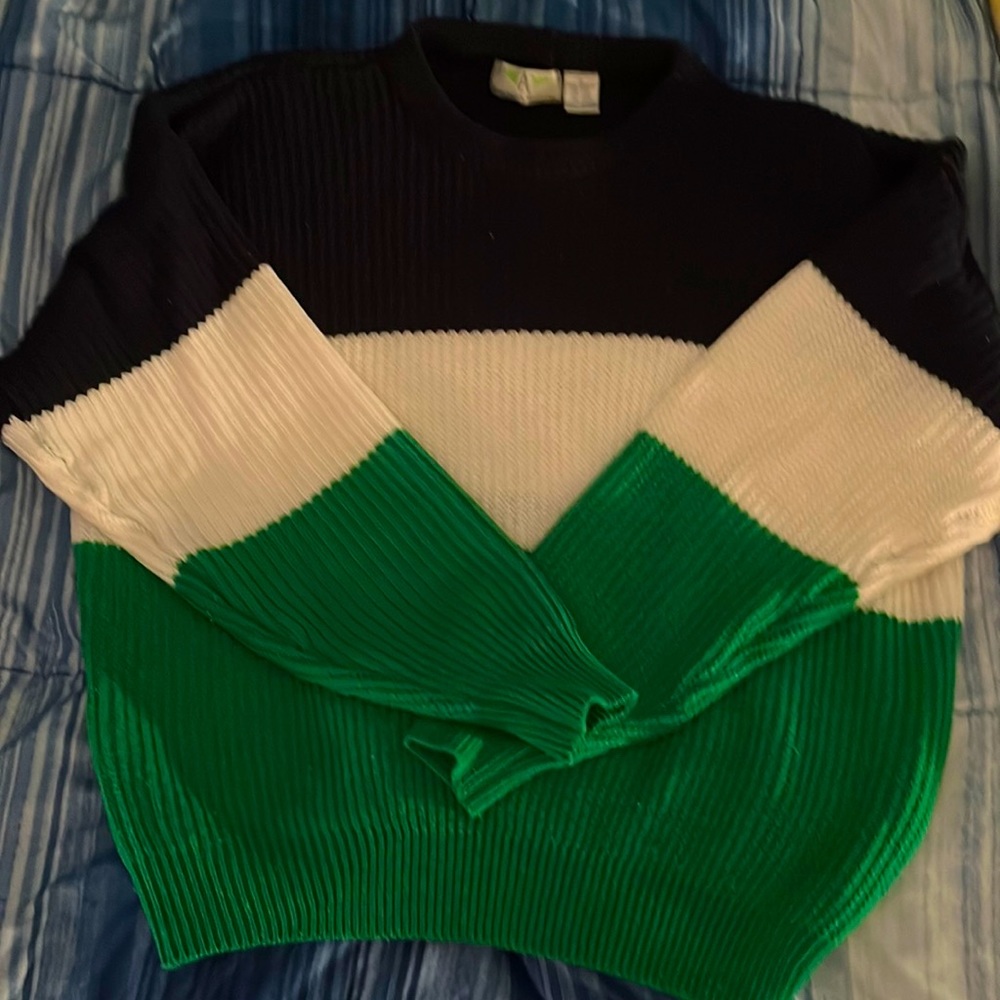 American Weekend sweater - Size L - navy blue, white and green striped